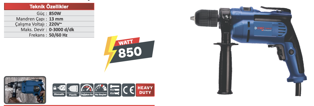 CMC 850 WATT ELEKTRİKLİ DARBELİ MATKAP